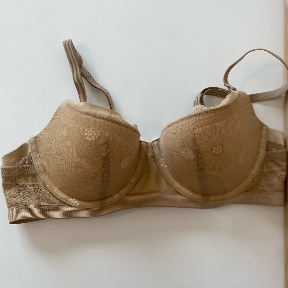 Aerie Real Power Balconette Tan Floral Lace Bra Size 34B
